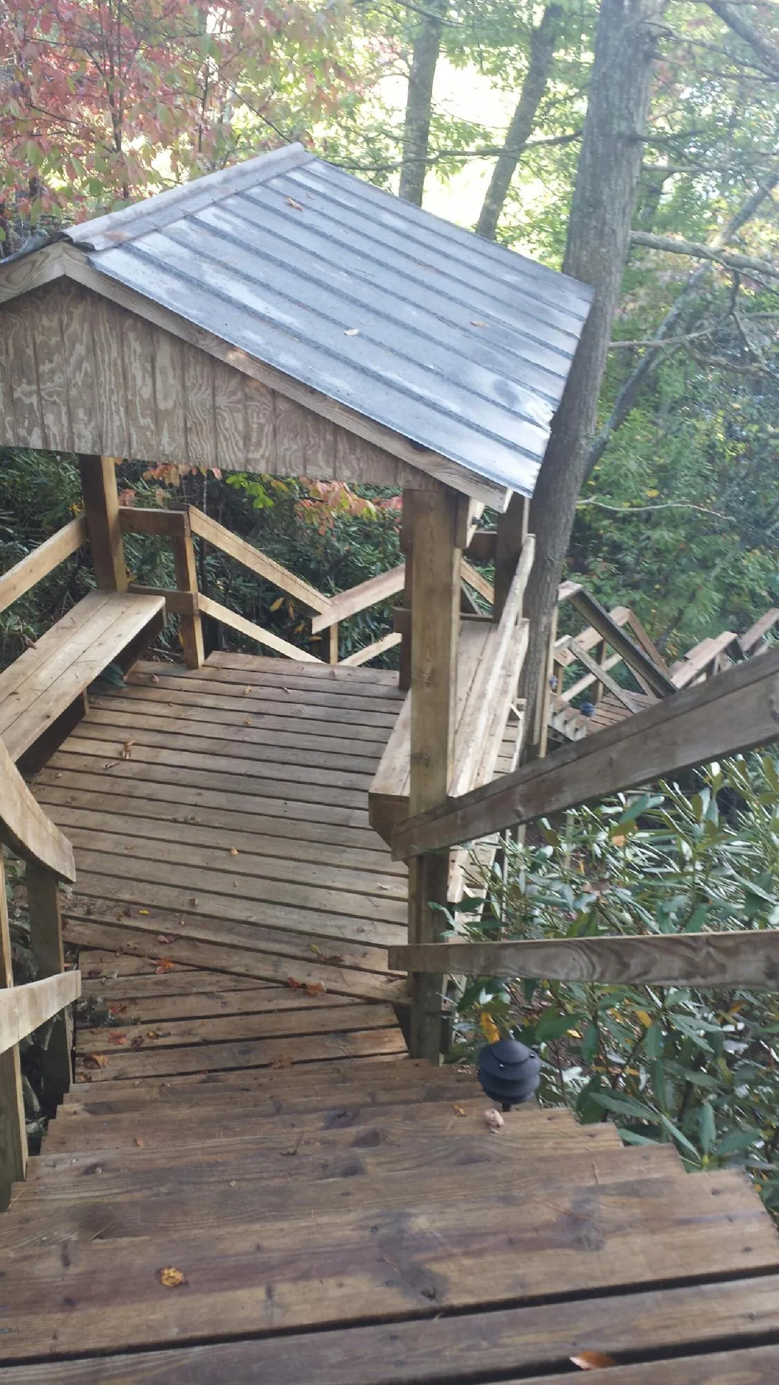 Metal roofed shelter over wooden steps on a wooded walkway — Skylight Repair & Installation work by our crew in Winter Park